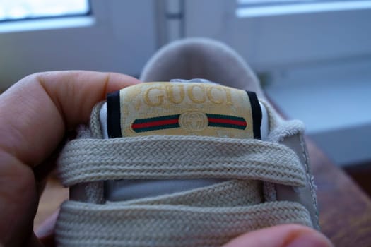 Tyumen, Russia-February 23, 2023: Gucci sneaker, stylish, Gucci is an italian brand of luxurious clothes