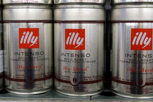 Tyumen, Russia-March 17, 2023: Illy ground coffee, on display at a local grocery store. Selective focus