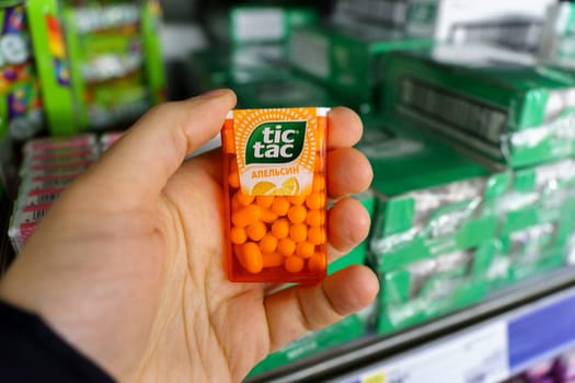 Tyumen, Russia-March 17, 2023: Tic Tac brand pastilles manufactured by Ferrero. Sale of sweets in the supermarket