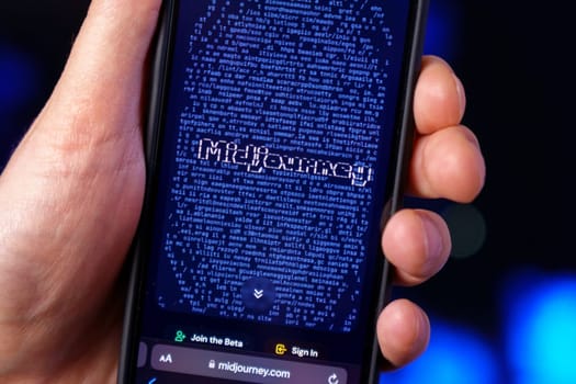 Tyumen, Russia-March 24, 2023: Midjourney AI produces a proprietary artificial intelligence. Man holding a smartphone iPhone