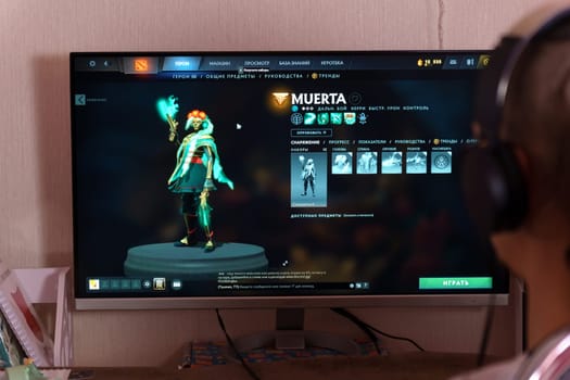 Tyumen, Russia-March 29, 2023: PC gaming. Playing DOTA 2. Video computer game. Screensaver of the new character Muerta