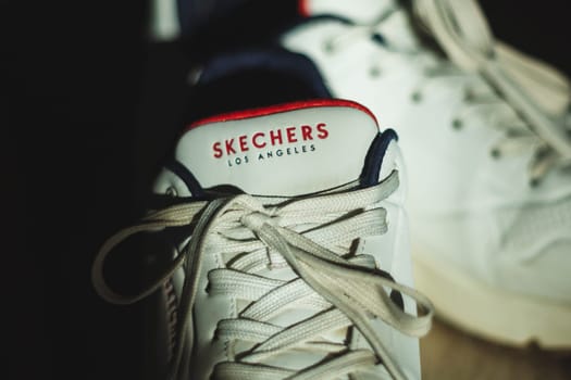 Tyumen, Russia-March 29, 2023: Skechers logo. A sports shoe brand. Selective focus. Skechers is an American based footwear company.