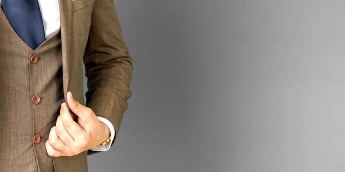 Portrait of a businessman in a suit, holding his hand over the edge of his jacket. No face visible. Gray background. Business and finance concept