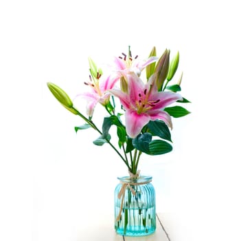 pink lily flower bunch  bouquet over white copyspace