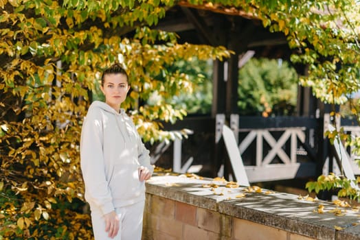 Beautiful elegant woman standing in a park in autumn. autumn yellow leaves. Portrait of joyful woman in park during fall. Happy girl with yellow leaves outdoor. Beauty Romantic Girl Outdoors enjoying nature. Beautiful autumn model with waving glow hair.Sun light on sunset.Warm toned art work. Portrait of romantic female