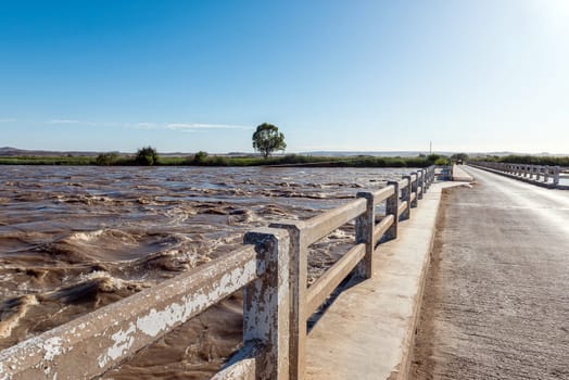 The road bridge over the main channel of the flooded Orange River at Marchand