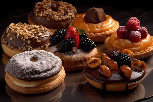 Luxurious designer pastries with berries in chocolate. Professional confectionery with strawberries, blackberries, tangerines and blueberries.