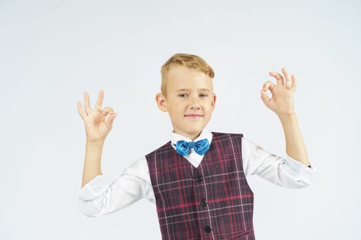 A portrait of a schoolboy who raised his hands up and makes a gesture - ok. Isolated background. Education concept.