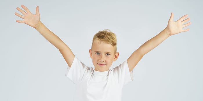 Portrait of a schoolboy with open arms who smiles. Education concept.