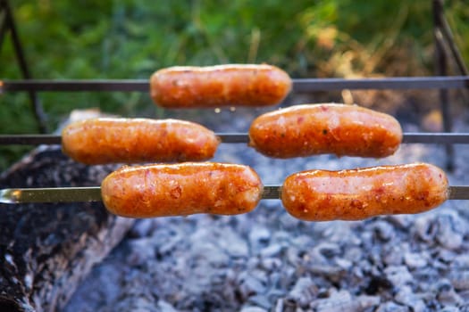 Fried sausages on skewers. Summer evenings near the fire, good weekend. Close-up