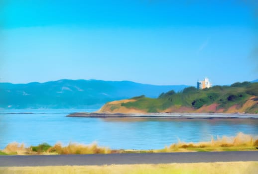 Digital Pastel Art. Pacific ocean bay at Victoria city, British Columbia, Canada.