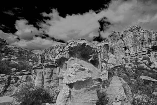 A monochrome image of Interesting rock formations at Truitjieskraal in the Cederberg Wilderniss Area, Western Cape, South Africa