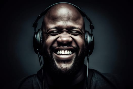 Happy afro-american man enjoying listening to jazz music using headphones. Closeup portrait, AI generative