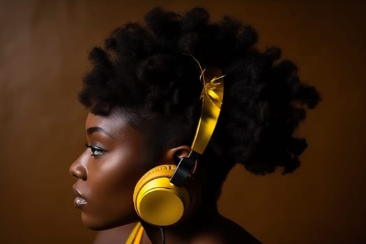 Serene african-american woman enjoying listening to jazz music using headphones. Closeup portrait, AI generative