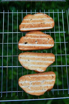 Grilled crispy toast on the wire rack. Outdoor recreation. Bonfire, grill, delicious. View from above