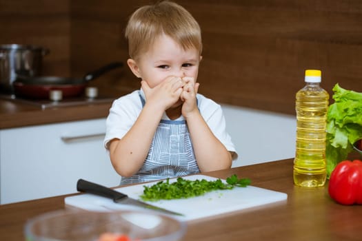 a small blond boy in an apron is slicing vegetables at the kitchen table