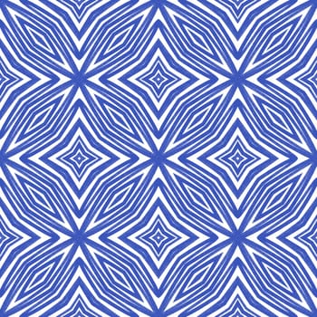 Tiled watercolor pattern. Indigo symmetrical kaleidoscope background. Textile ready juicy print, swimwear fabric, wallpaper, wrapping. Hand painted tiled watercolor seamless.