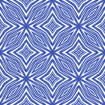 Tiled watercolor pattern. Indigo symmetrical kaleidoscope background. Textile ready juicy print, swimwear fabric, wallpaper, wrapping. Hand painted tiled watercolor seamless.