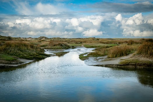 dune valley the Slufter of national park on West Frisian Waddensea island Texel, North Holland, Netherlands with dunes and water ponds