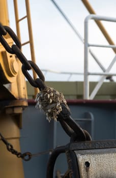 detail of an old rusty chain attachment on a fishing vessel