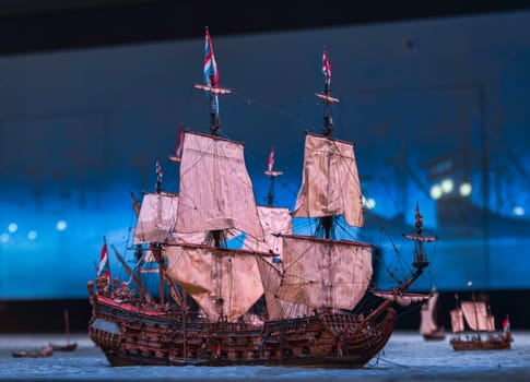 miniature of a sailing ship of a war fleet,The Texel Roads come to life in the exhibition 'Ship in sight in museum Kaap Skil