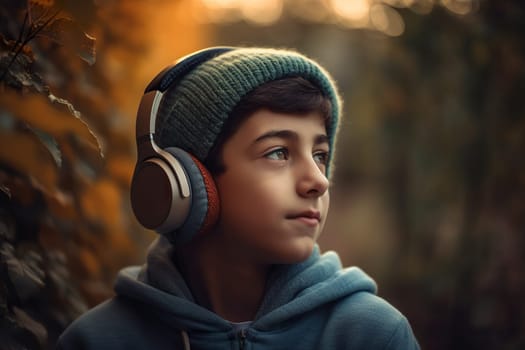 Teenage caucasian boy outdoors wearing headphones isolated at natural defocused background, closeup portrait, AI generative, lot of copy space