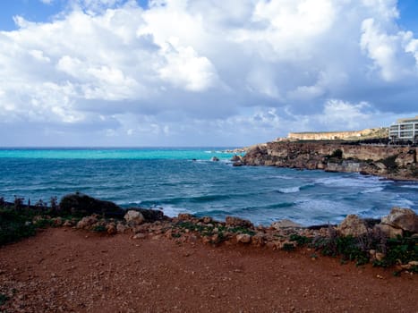 Golden Bay beach, Maltese islands. landscape. windy cloudy weather