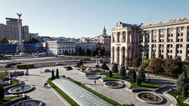Kyiv, Ukraine - September, 2022: Central Post Office on Maidan Nezalezhnosti - Independence Square in Kiev. Drone shot. Old architecture of eastern Europe country.