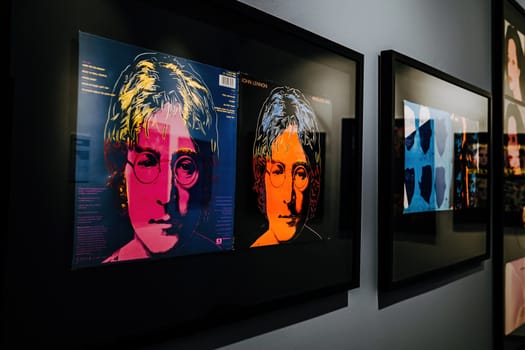 Andy Warhol exhibition in Central Gallery. Famous colorful John Lennon installation. Legend artist, painting, collection. High quality photo