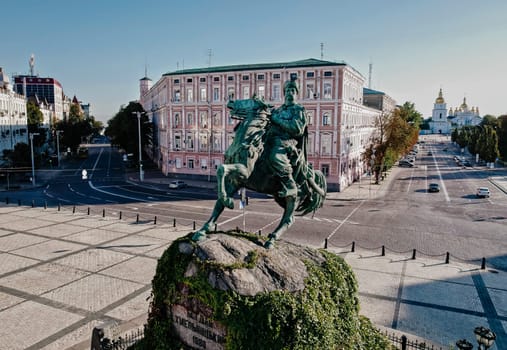 Kyiv, Ukraine - September 2022. Bohdan Khmelnytsky Monument. Hetman of Zaporizhian Host, oldest sculpture. One of city's symbols. Drone flight around.