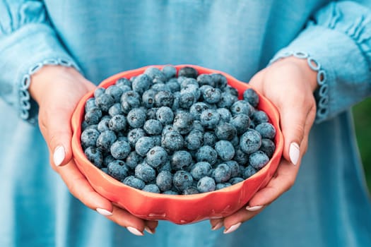 Woman holding blueberries on garden background. Rich blackberry harvest. Fresh ripe organic berries - great bilberry plant. Diet, antioxidant, healthy vegan food. Bio, organic nutrition