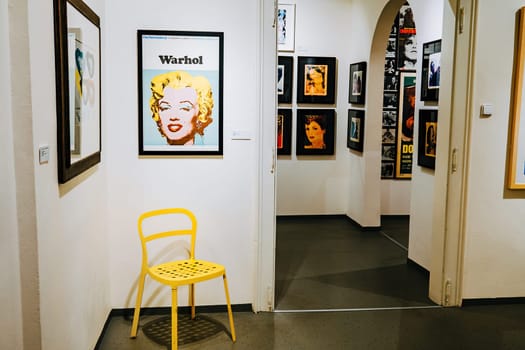 Andy Warhol exhibition in Central Gallery. Famous colorful Marilyn Monroe installation. Legend artist, painting, collection. High quality photo