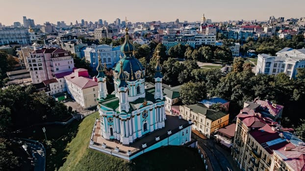 Kyiv, Ukraine - September 2022. St. Andrew's Church on Andriivskyi Hill in Kyiv. Built in Baroque style by architect Bartolomeo Rastrelli in 1754.