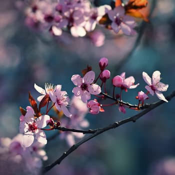 Beautiful spring flowering tree - Japanese Sakura Cherry. Natural colorful background in spring time. 