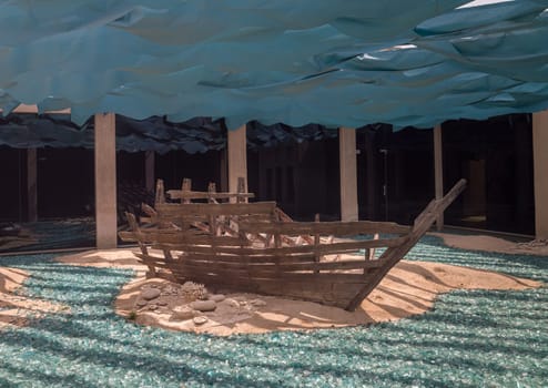 Reconstruction of shipwrecked Dhow underwater in the Al Shindagha district and museum in Bur Dubai