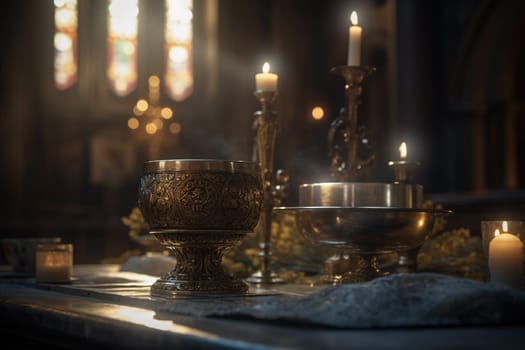 Religious Feast of Corpus Christi. Holy communion in church. Taking holy . Priest celebrate mass at the church. Cup with red wine, bread. Eucharist. Christian Catholic prays, holy grail
