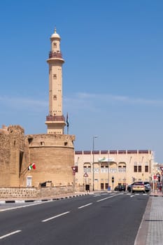 Dubai, UAE - 31 March 2023: Entrance to the old fortress housing the museum in Bur Dubai