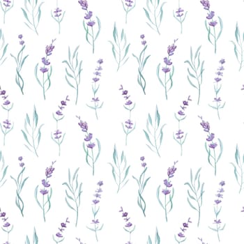 Beautiful lavender provence plant watercolor seamless pattern. Purple blossom flower composition aquarelle drawing for postcard design