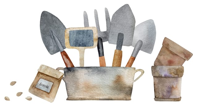 Garden tools rake, showel and secateurs in pot for plant cultivation and harvest watercolor painting. Agriculture equipment for farming and seeds aquarelle illustration