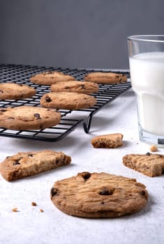 Close-up of baked oatmeal cookies with chocolate chips on a metal cooling rack and milk in a glass. Selective focus. Vertical orientation.