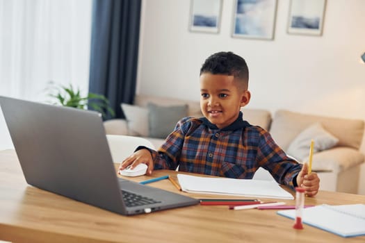 With laptop. Cheerful young boy is at home alone.