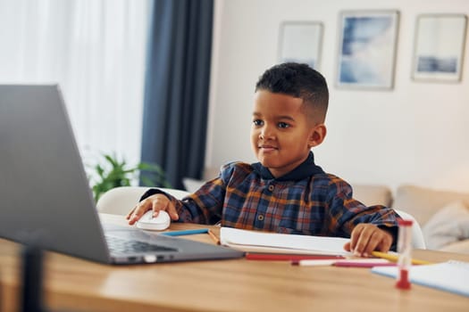 With laptop. Cheerful young boy is at home alone.