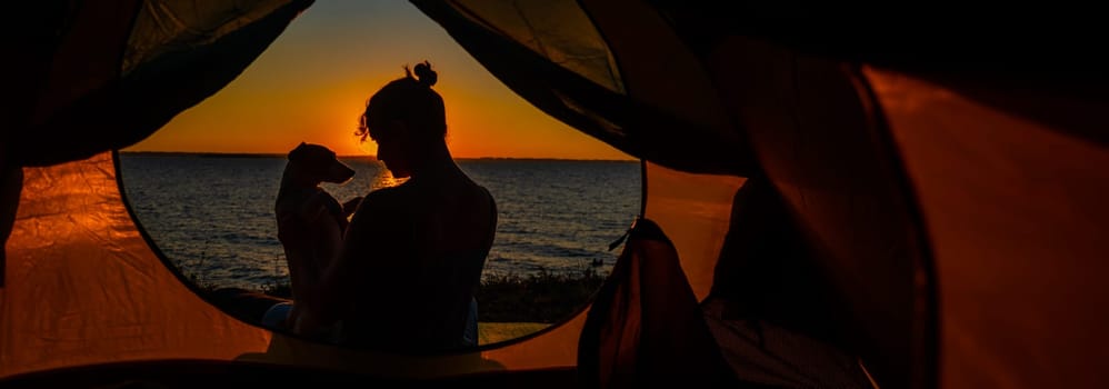 A woman and a dog in a tourist tent at sunrise. Camping with a pet.