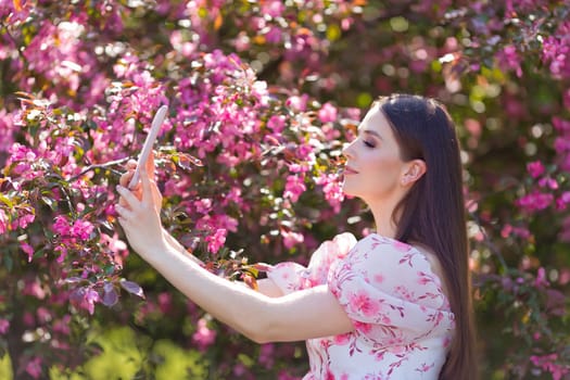A beautiful brunette girl with long hair, makes selfie on smartphone, is standing in a pink blooming apple garden, on a sunny day. Close up