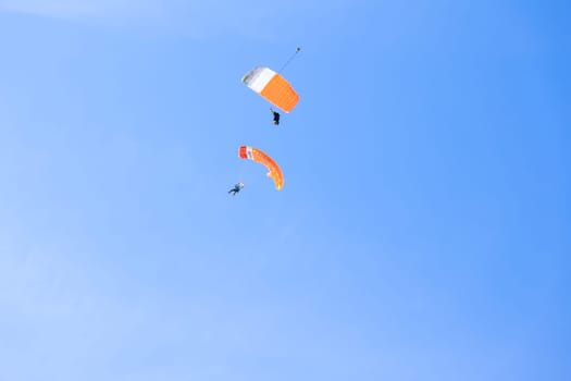 11 July 2021 Skutec, Czech Republic. Two parachutists with yellow parachutes on the background of the blue sky fly to land, sports aerial entertainment. Air sports.