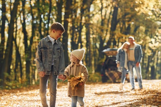 Sister with brother walking. Happy family is in the park at autumn time together.