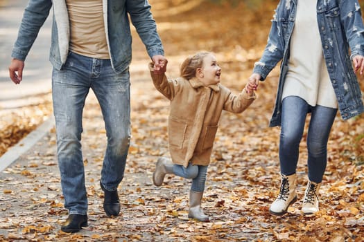 Holding daughter by hands. Happy family is in the park at autumn time together.