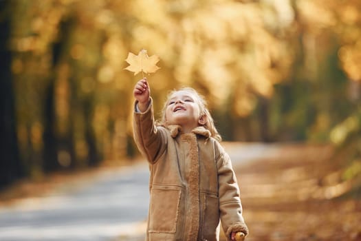 Little girl enjoying walk in the autumn park.
