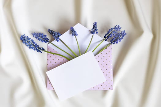 Wedding invitation concept. Top view of open pink envelope with paper card and blue muscari flowers on folded white fabric background with empty space.