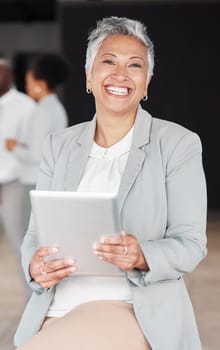 Happy, corporate and portrait of a woman with a tablet for an email, communication or internet. Smile, mature and an executive manager working on technology at a company for research and the web.